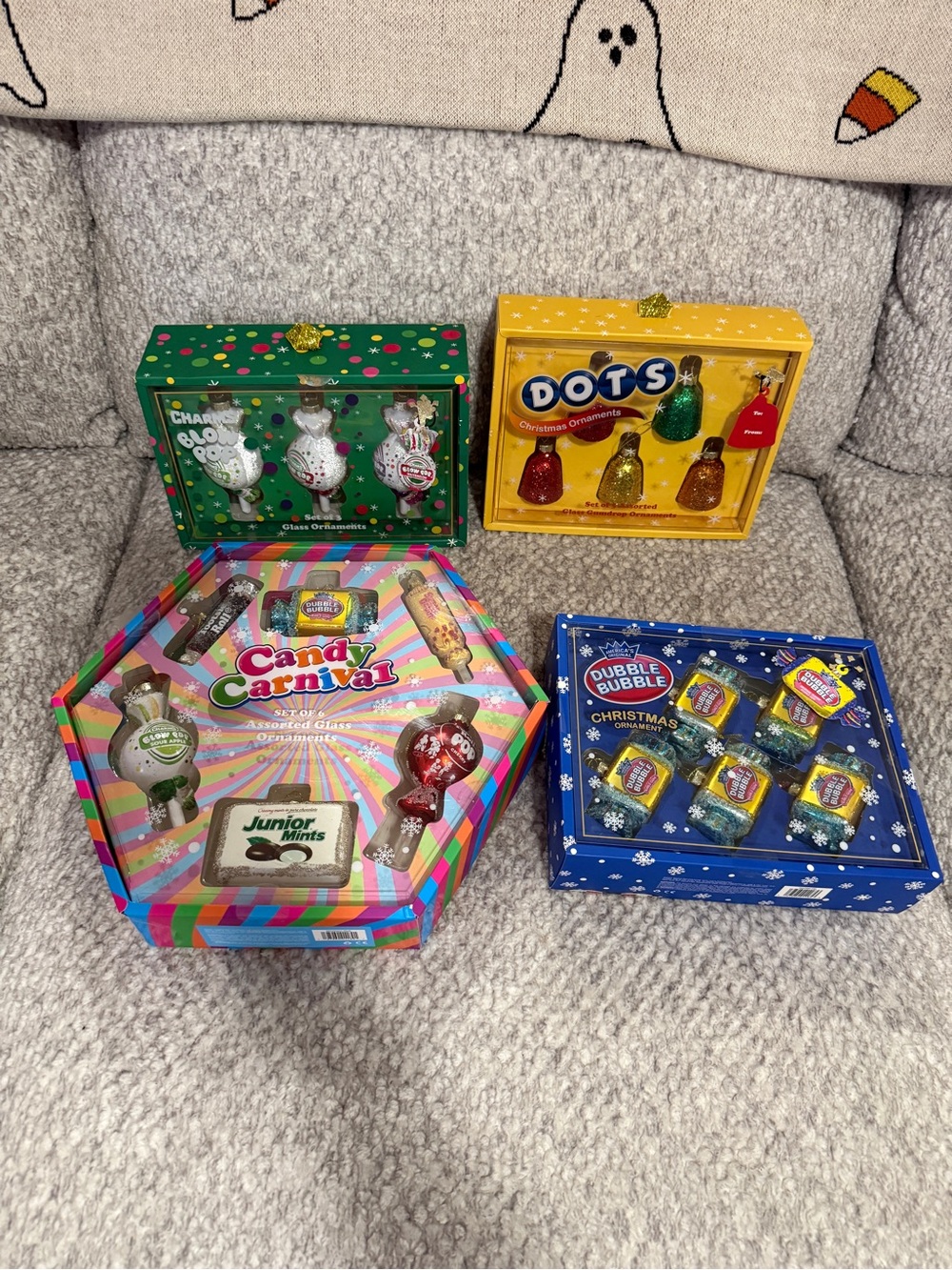 Assorted Holiday Candy-Themed Glass Ornaments Set Double Bubble Dots Blow Pops